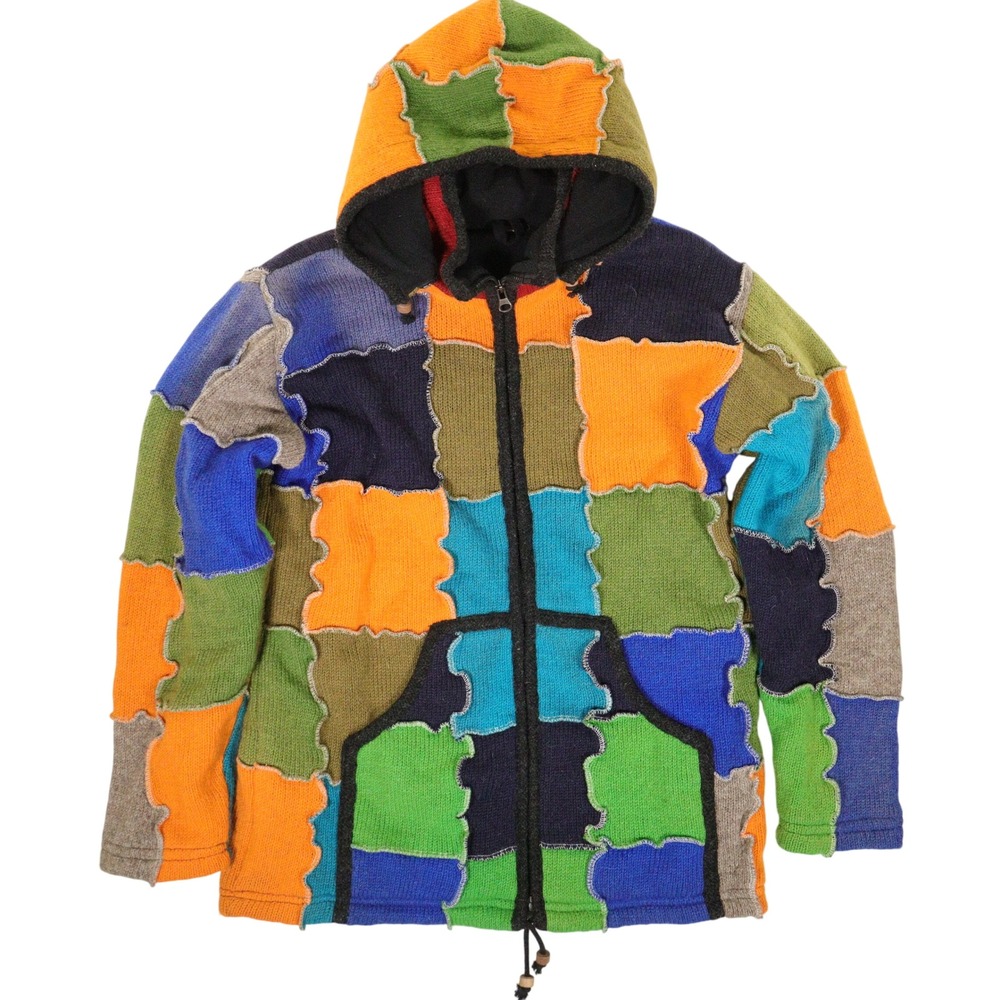 Himalayan Patchwork Zip Up Sweater Hoodie Boho Hippie Multicolor Cotton Men XL